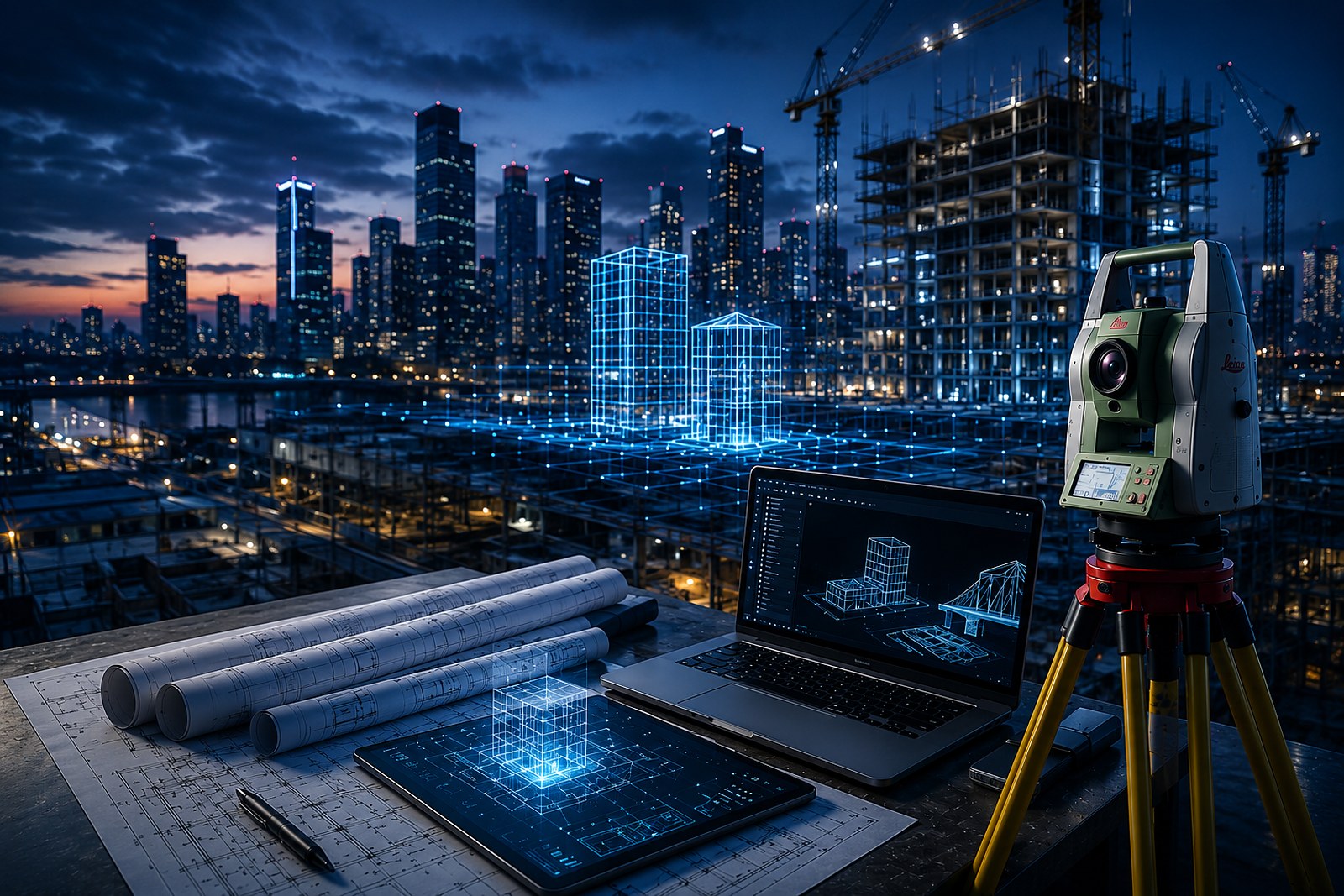 Leica total station and a laptop with a BIM model on a night construction site — Autodesk, SolidWorks and geodesy solutions