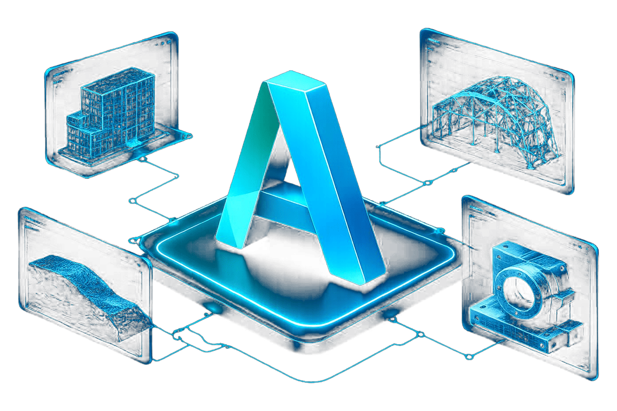 Autodesk hub connected to architectural building model, structural frame, terrain mesh and mechanical part — CAD, BIM and geodesy