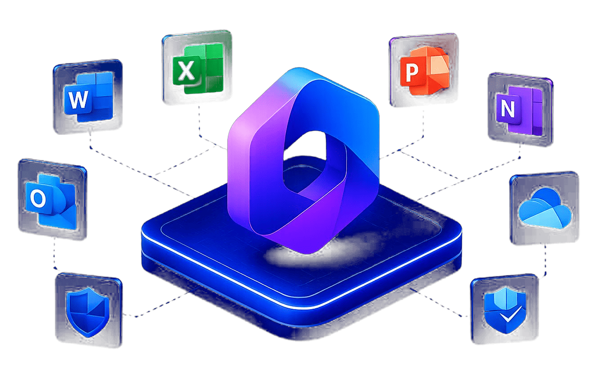Microsoft 365 ecosystem — Word, Excel, PowerPoint, OneNote, Outlook, OneDrive, Teams and Defender connected to the Microsoft 365 hub