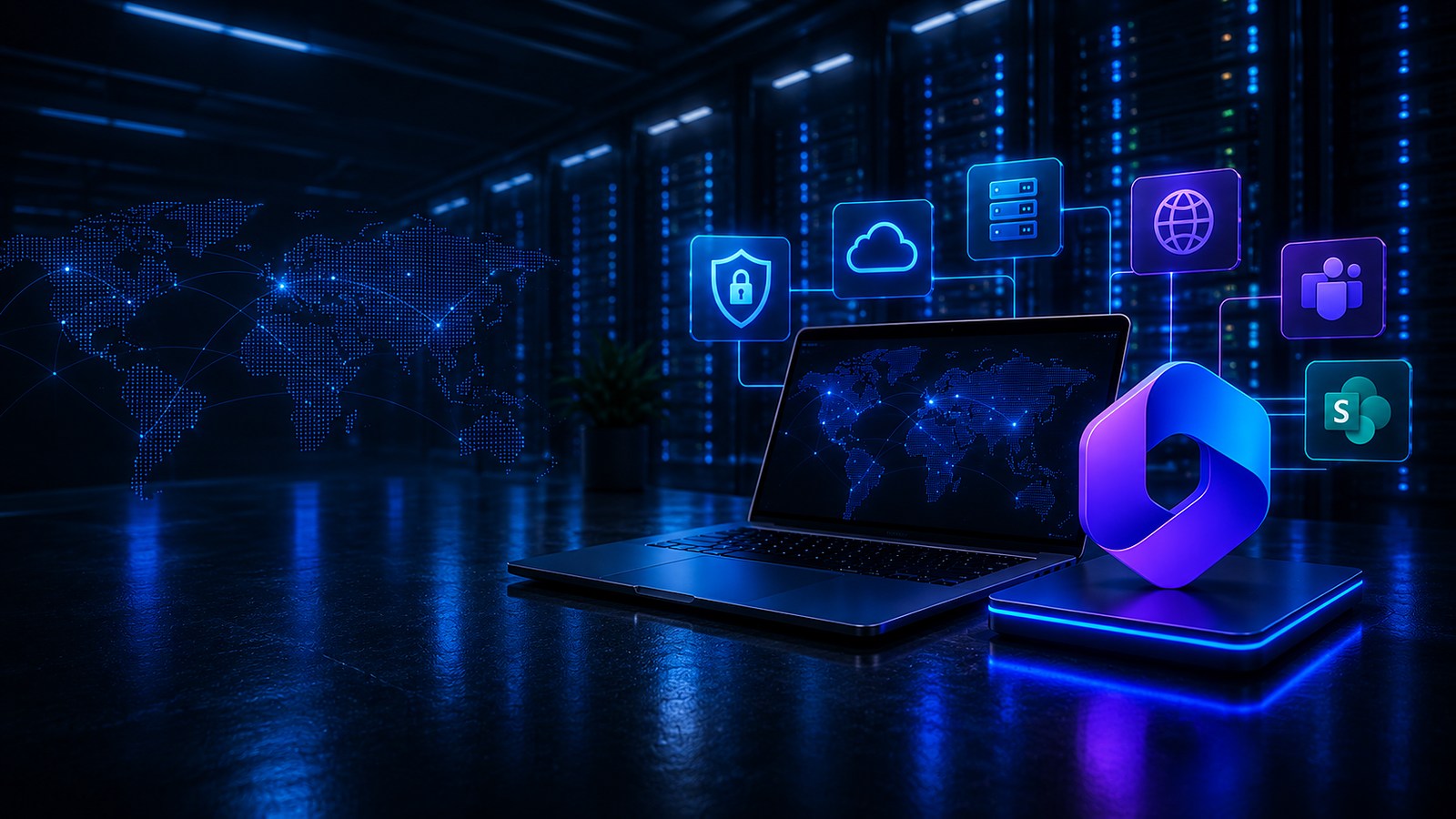 Laptop running Microsoft 365 beside the Microsoft 365 hub on a lit pedestal in a data centre — licensing, migration, security and support